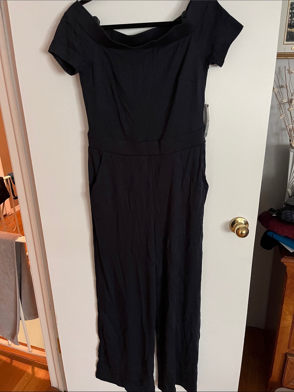 New York & Company Navy Off-Shoulder Jumpsuit
